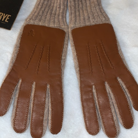 🦃 FRYE Brown Leather Patch Knit Gloves Cognac Color NWT S / M - Picture 4 of 11